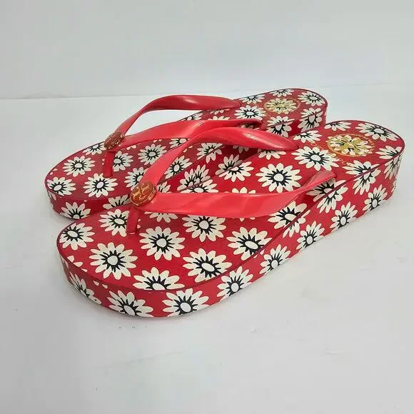 Tory Burch Red Flower Print Wedge Heel Flip Flop Sandals Women's Size Unmarked - Picture 1 of 12